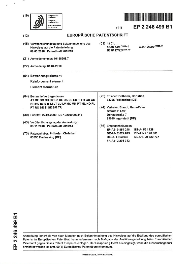 Patentbeschreibung: Betonfertigteil-Bewehrungselement