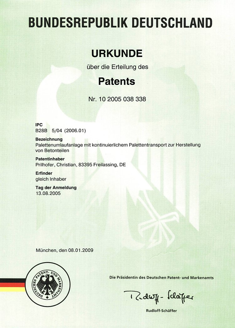 German patent Patent for innovative pallet carousel system in precast concrete production