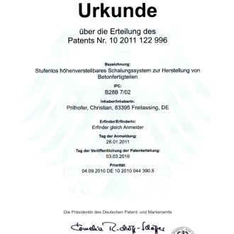 Patenturkunde Höhenverstellbare Schalung 2