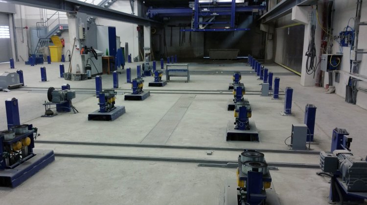 Central transport system in a precast production plant